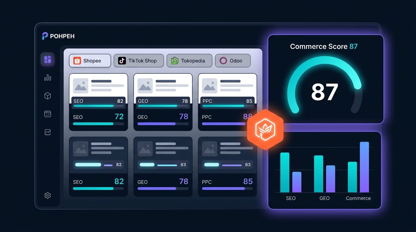 POHPEH Commerce SEO dashboard — product scores per channel